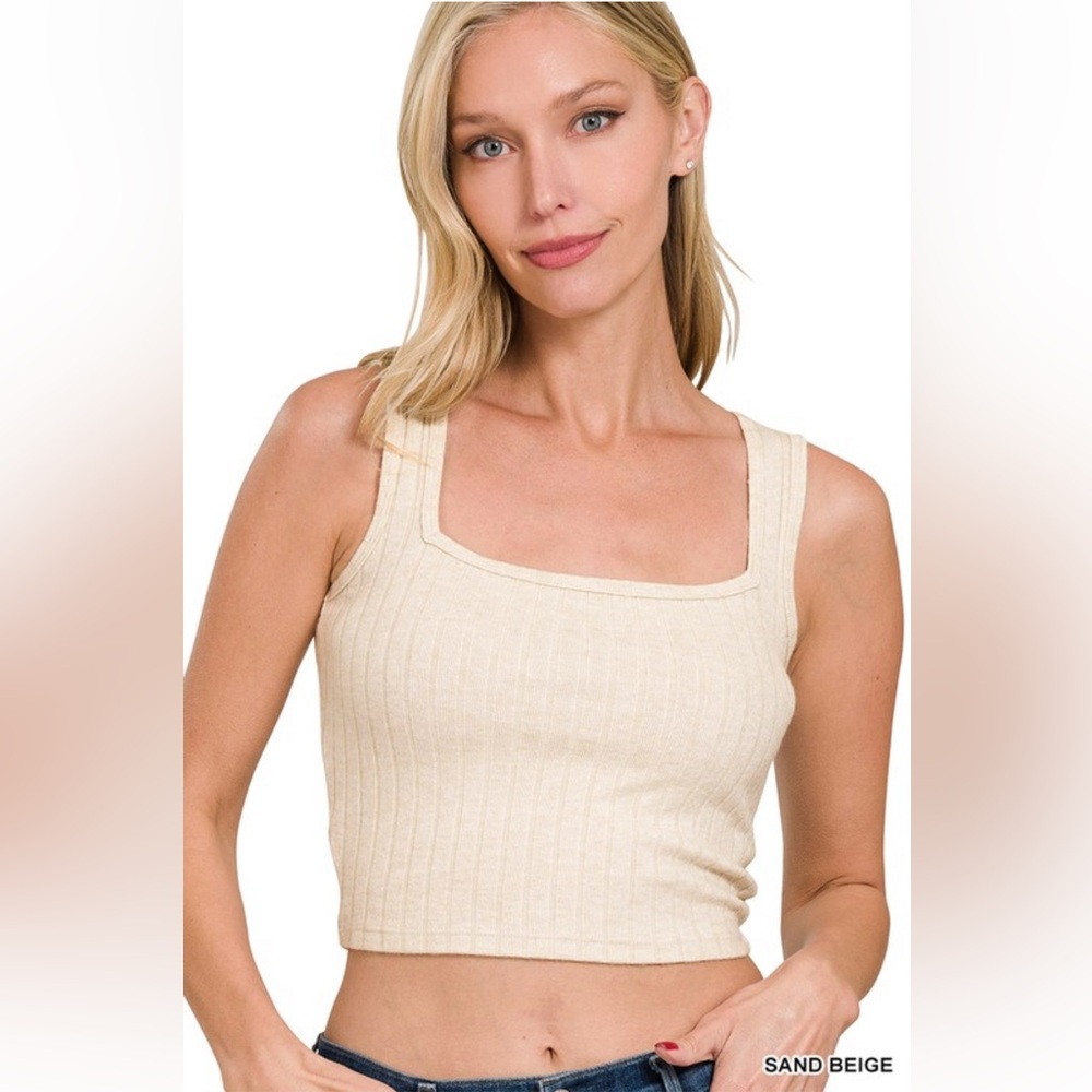 NWT! Sand Cream Ribbed Square Neck Cropped Sleeveless SOFT Top